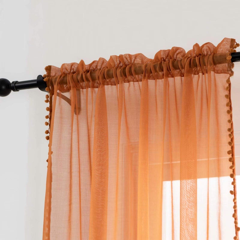 MISS SELECTEX Linen Look Pom Pom Tasseled Sheer Curtains - Rod Pocket Voile Semi-Sheer Curtains for Living and Bedroom, Set of 2 Curtain Panels (52 x 72 inch, Pumpkin Yellow) - Image 4
